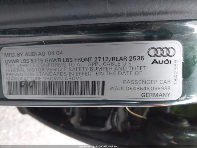 2004 AUDI A6 WAUCD64B64N098988 Photo 8