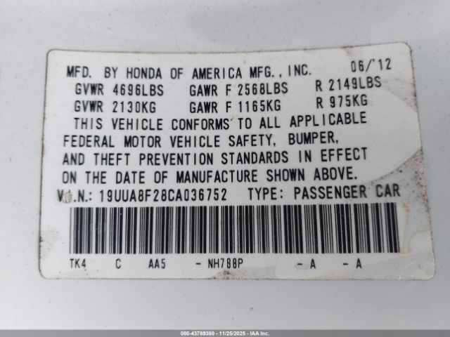 2012 ACURA TL 19UUA8F28CA036752 Photo 8