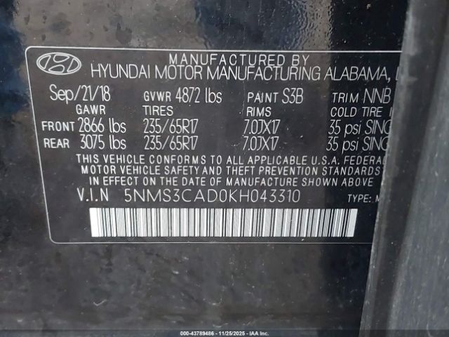 2019 HYUNDAI SANTA FE 5NMS3CAD0KH043310 Photo 8