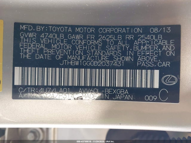 43789516 :رقم المزاد ، JTHBW1GG0D2037431 vin ، 2013 Lexus Es 300h مزاد بيع