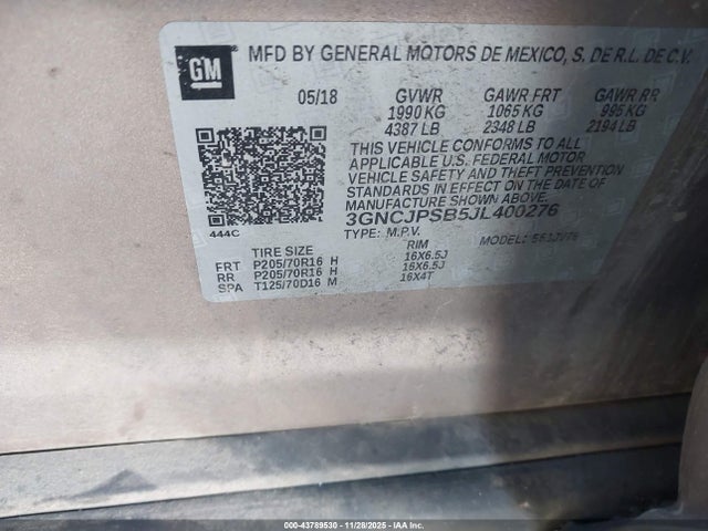 Продаж на аукціоні авто 2018 Chevrolet Trax Lt, vin: 3GNCJPSB5JL400276, номер лоту: 43789530