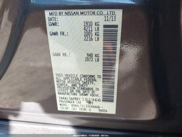 43789633 :رقم المزاد ، 1N4AL3AP8EC181966 vin ، 2014 Nissan Altima 2.5 Sv مزاد بيع