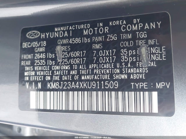 KM8J23A4XKU911509 Hyundai TUCSON SE