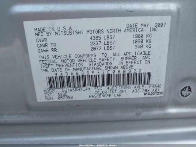 2007 MITSUBISHI GALANT 4A3AB36F77E080922 Photo 8