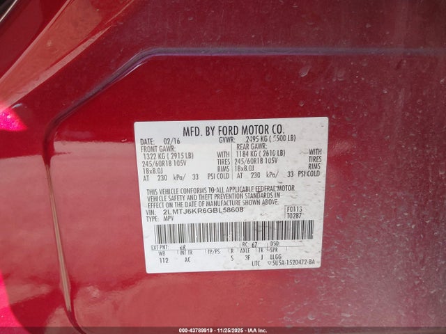 2LMTJ6KR6GBL58608 Lincoln Mkx Select