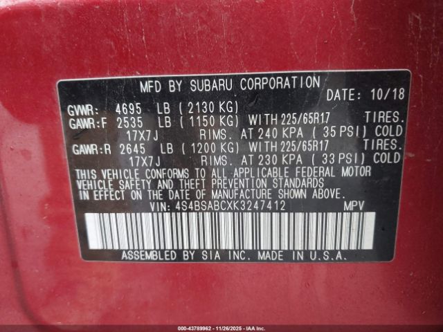 2019 SUBARU OUTBACK 4S4BSABCXK3247412 Photo 8