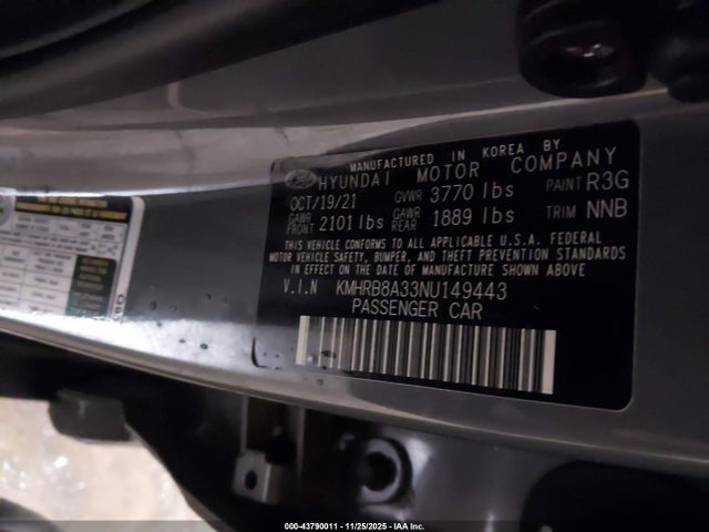 2022 Hyundai Venue Se მანქანა იყიდება აუქციონზე, vin: KMHRB8A33NU149443, აუქციონის ნომერი: 43790011