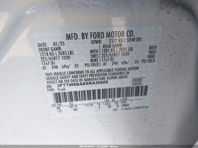2025 Ford Maverick Xl მანქანა იყიდება აუქციონზე, vin: 3FTTW8BA8SRA30608, აუქციონის ნომერი: 43790134