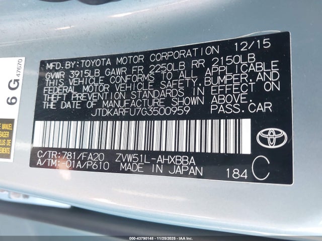 JTDKARFU7G3500959 Toyota Prius Two Eco