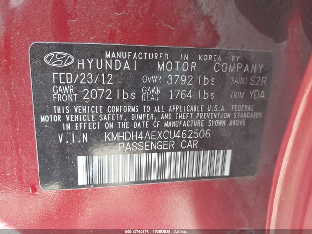 43790178 :رقم المزاد ، KMHDH4AEXCU462506 vin ، 2012 Hyundai Elantra Limited (ulsan Plant) مزاد بيع