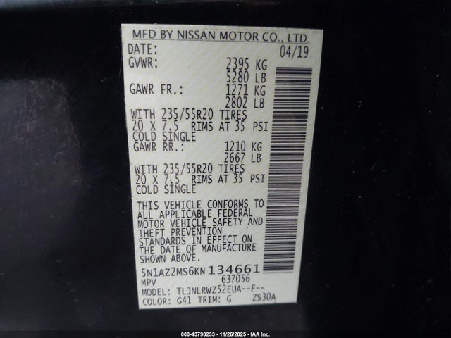 Aukcja sprzedaży 2019 Nissan Murano Sl, vin: 5N1AZ2MS6KN134661, numer aukcji: 43790233