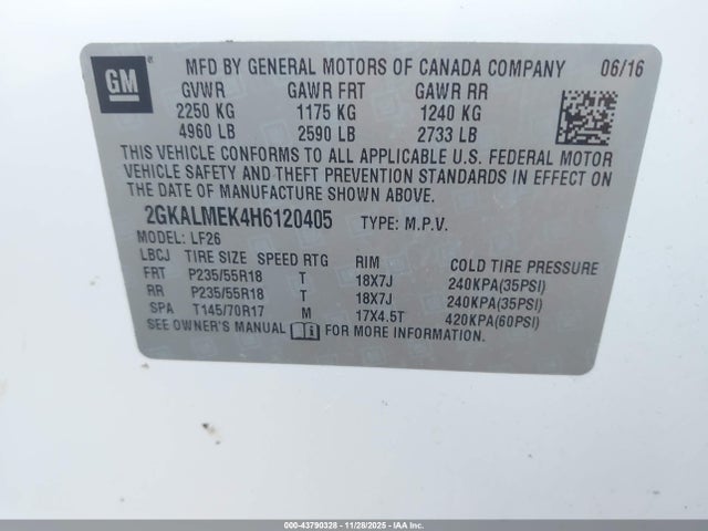 43790328 :رقم المزاد ، 2GKALMEK4H6120405 vin ، 2017 Gmc Terrain Sle-1 مزاد بيع