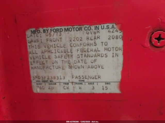 43790366 :رقم المزاد ، 3F03F238313 vin ، 1973 Ford Mustang مزاد بيع