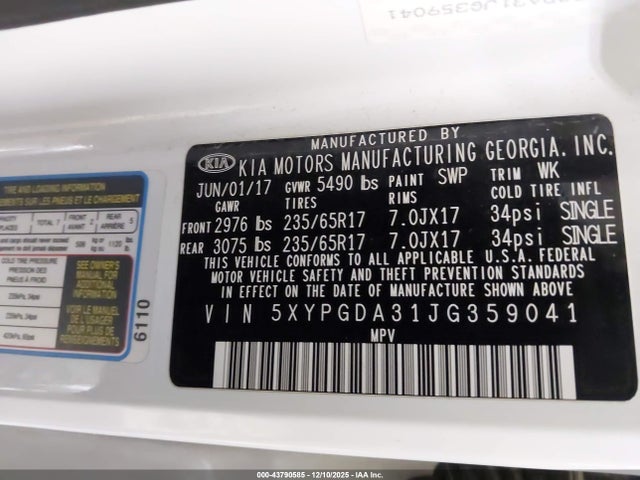5XYPGDA31JG359041 KIA Sorento 2.4l Lx