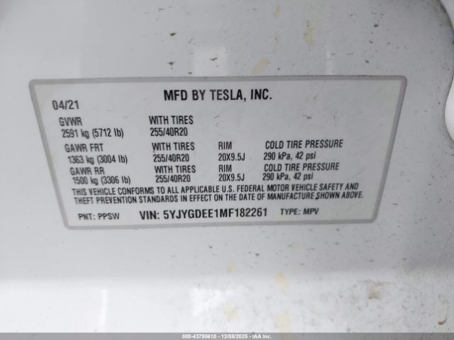 2021 TESLA MODEL Y 5YJYGDEE1MF182261 Photo 8