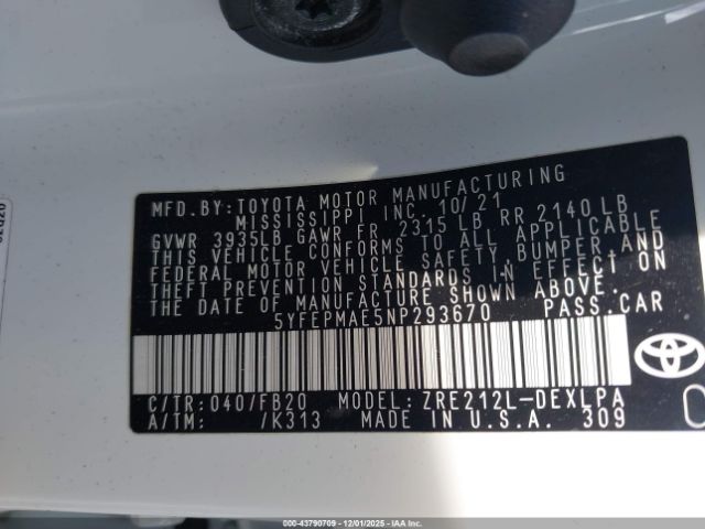 2022 TOYOTA COROLLA 5YFEPMAE5NP293670 Photo 8