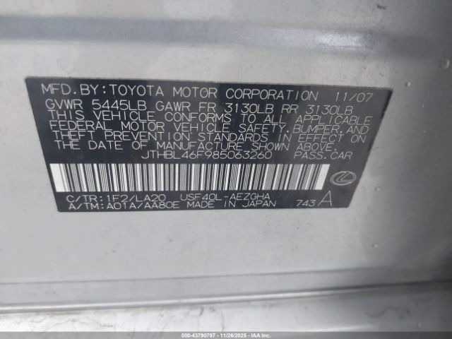 2008 LEXUS LS 460 JTHBL46F985063260 Photo 8