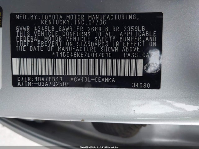 Продаж на аукціоні авто 2007 Toyota Camry Le, vin: 4T1BE46K87U017010, номер лоту: 43790955
