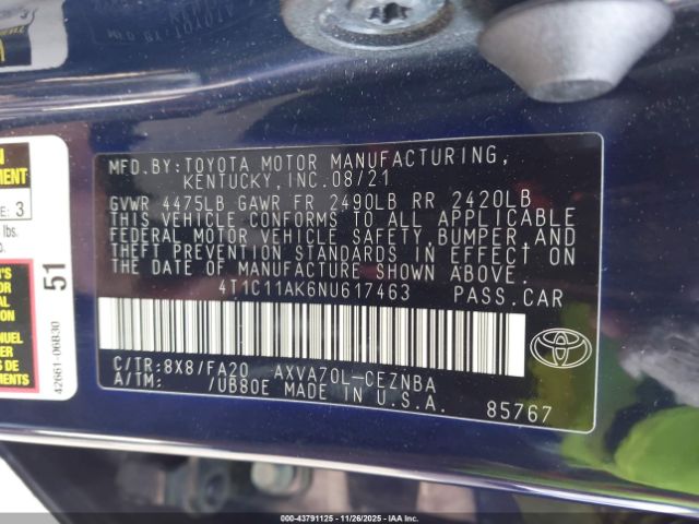 2022 TOYOTA CAMRY 4T1C11AK6NU617463 Photo 8