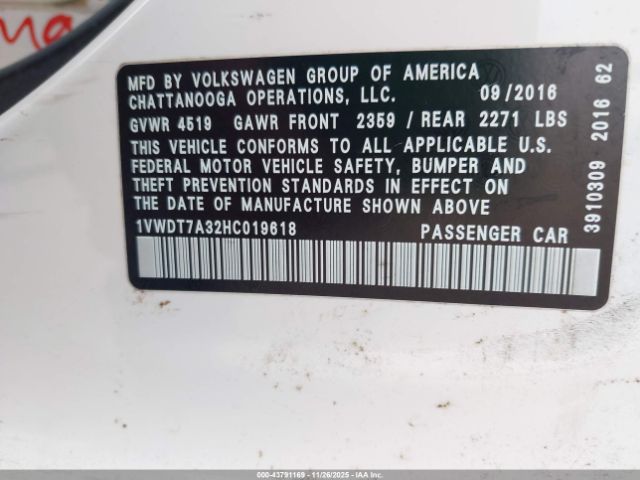 2017 VOLKSWAGEN PASSAT 1VWDT7A32HC019618 Photo 8