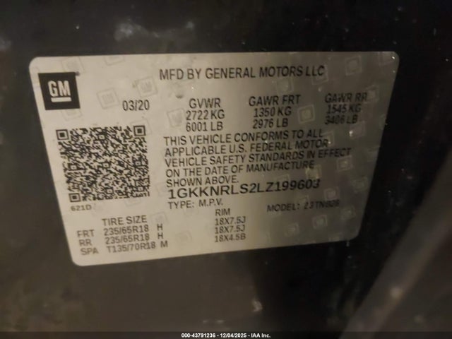 2020 Gmc Acadia Fwd Sle მანქანა იყიდება აუქციონზე, vin: 1GKKNRLS2LZ199603, აუქციონის ნომერი: 43791236