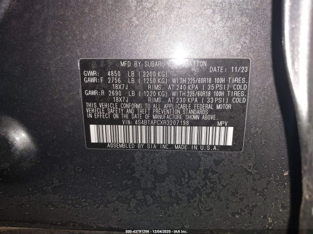 Aukcja sprzedaży 2024 Subaru Outback Touring, vin: 4S4BTAPCXR3207198, numer aukcji: 43791286