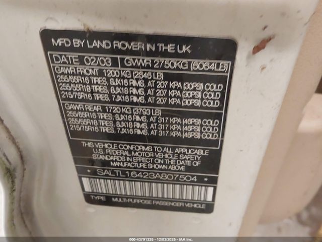 2003 LAND ROVER DISCOVERY SALTL16423A807504 Photo 8