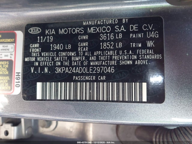 Aukcja sprzedaży 2020 Kia Rio S, vin: 3KPA24AD0LE297046, numer aukcji: 43791345