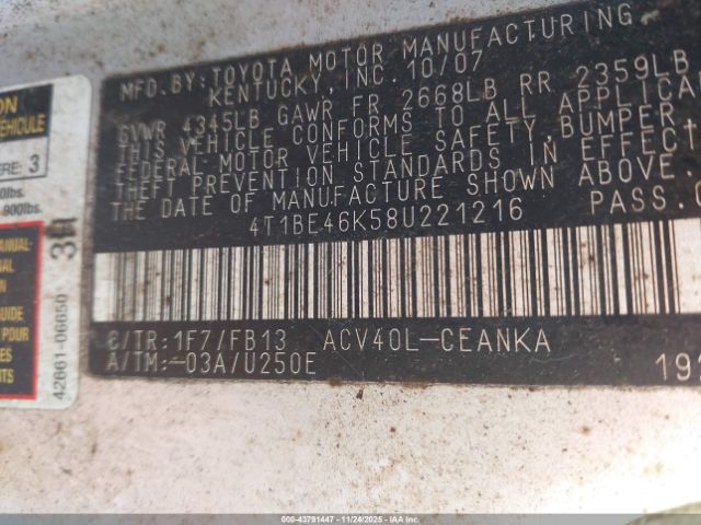 2008 TOYOTA CAMRY 4T1BE46K58U221216 Photo 8