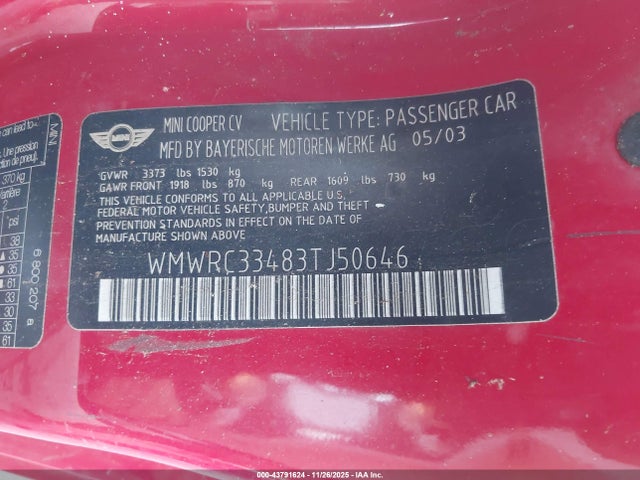 2003 MINI COOPER WMWRC33483TJ50646 Photo 8