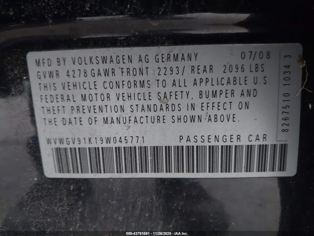43791691 :رقم المزاد ، WVWGV91K19W045771 vin ، 2009 Volkswagen Gti 4-door مزاد بيع