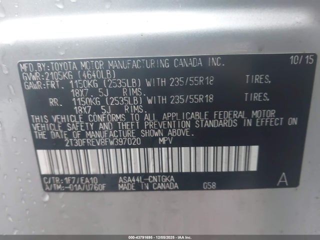 Toyota Rav4 Limited 2015 2T3DFREV8FW397020 Image 9