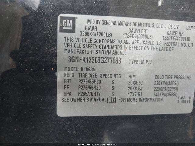 Aukcja sprzedaży 2008 Chevrolet Avalanche 1500 Ltz, vin: 3GNFK12308G277683, numer aukcji: 43791873