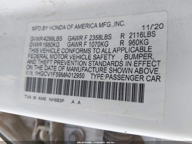 1HGCV1F59MA012950 Honda Accord Ex-l