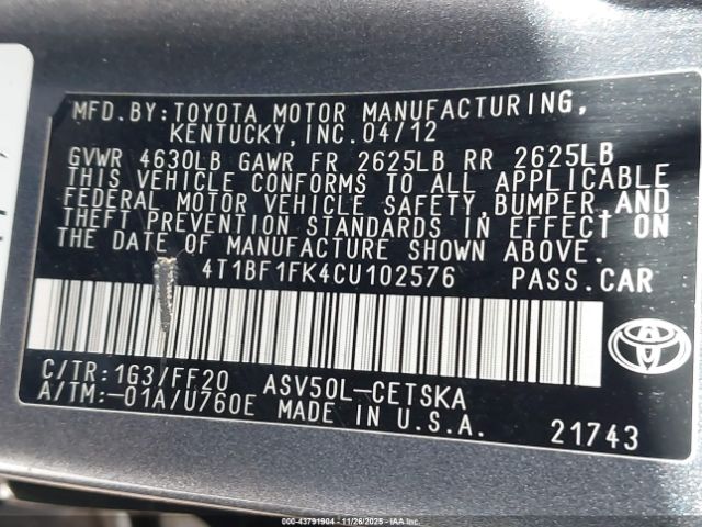 2012 TOYOTA CAMRY 4T1BF1FK4CU102576 Photo 8
