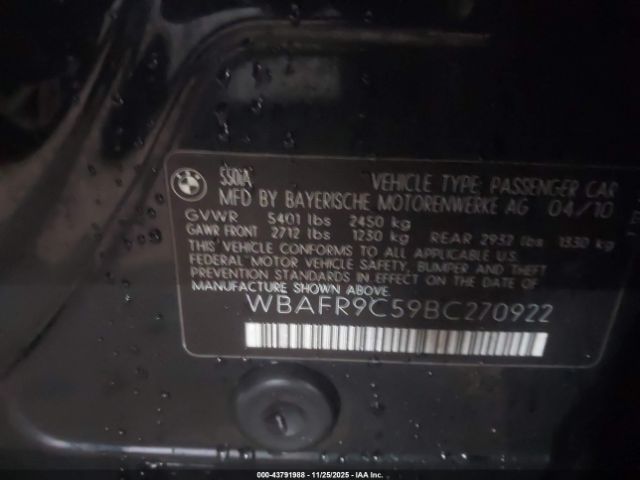 2011 BMW 550I WBAFR9C59BC270922 Photo 8