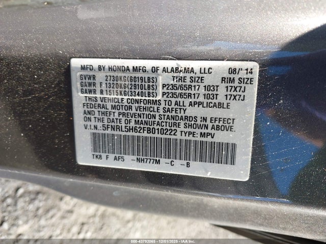 Honda Odyssey Ex-l 2015 5FNRL5H62FB010222 Image 9
