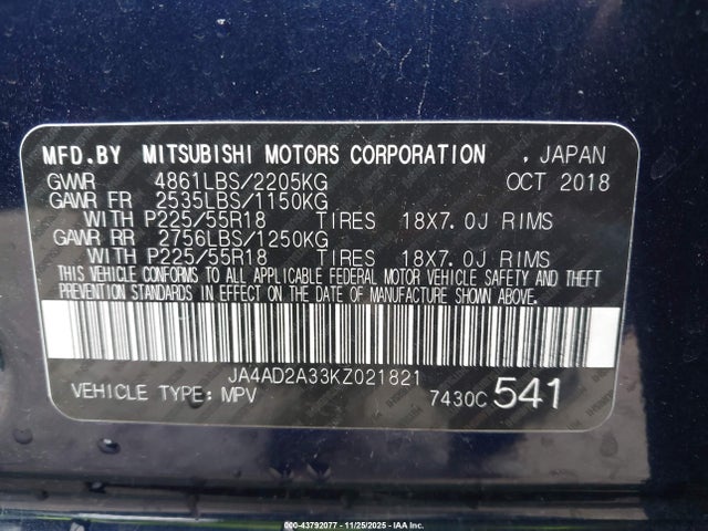 2019 MITSUBISHI OUTLANDER JA4AD2A33KZ021821 Photo 8