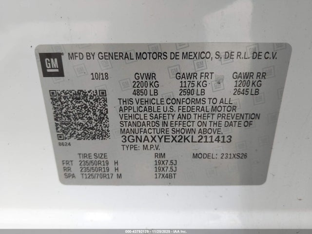 Продаж на аукціоні авто 2019 Chevrolet Equinox Premier, vin: 3GNAXYEX2KL211413, номер лоту: 43792129