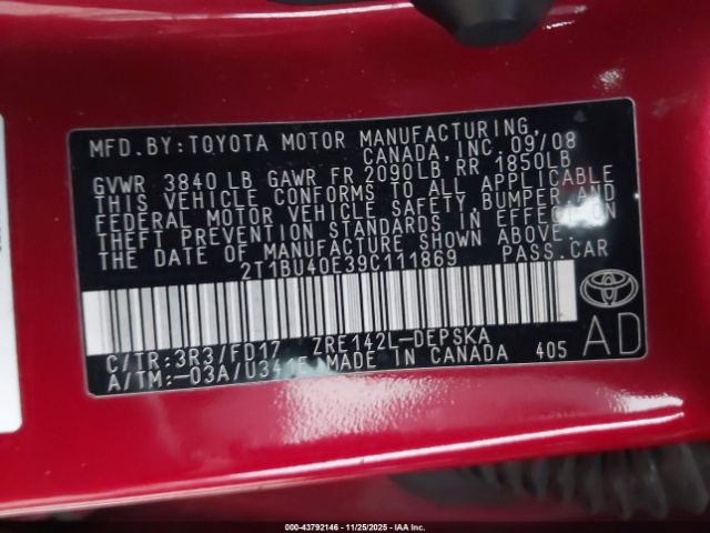 2009 TOYOTA COROLLA 2T1BU40E39C111869 Photo 8