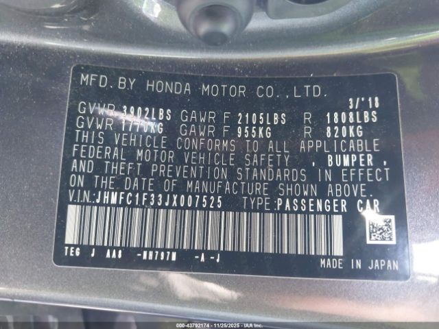 2018 HONDA CIVIC JHMFC1F33JX007525 Photo 8
