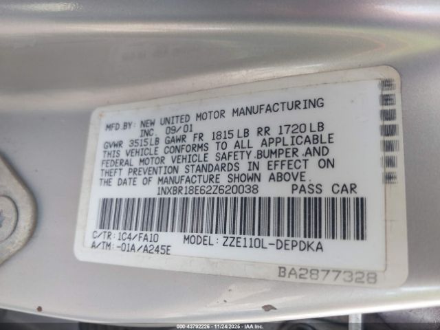 2002 TOYOTA COROLLA 1NXBR18E62Z620038 Photo 8