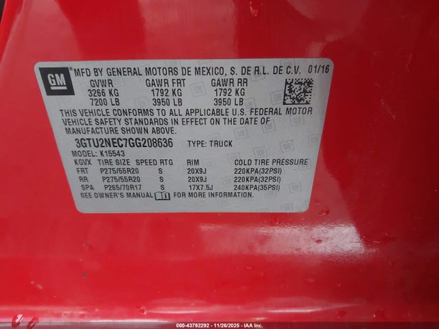 Aukcja sprzedaży 2016 Gmc Sierra 1500 Slt, vin: 3GTU2NEC7GG208636, numer aukcji: 43792292