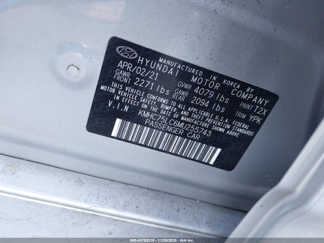 Aukcja sprzedaży 2021 Hyundai Ioniq Hybrid Se, vin: KMHC75LC6MU255743, numer aukcji: 43792310