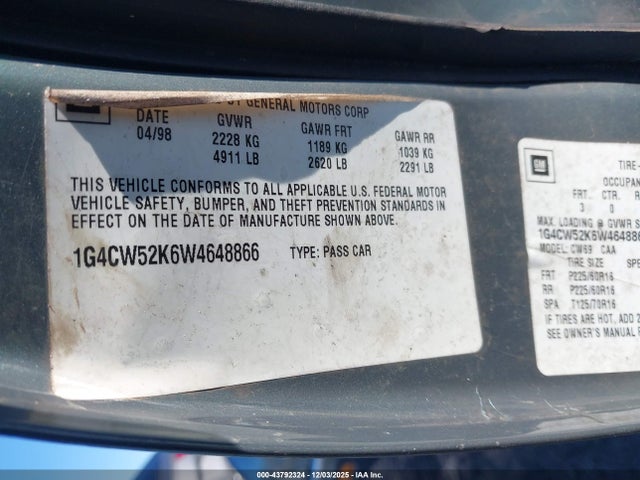 Продаж на аукціоні авто 1998 Buick Park Avenue, vin: 1G4CW52K6W4648866, номер лоту: 43792324