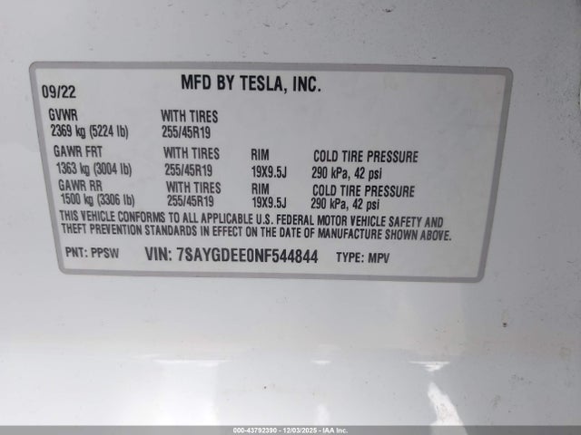 2022 TESLA MODEL Y 7SAYGDEE0NF544844 Photo 8