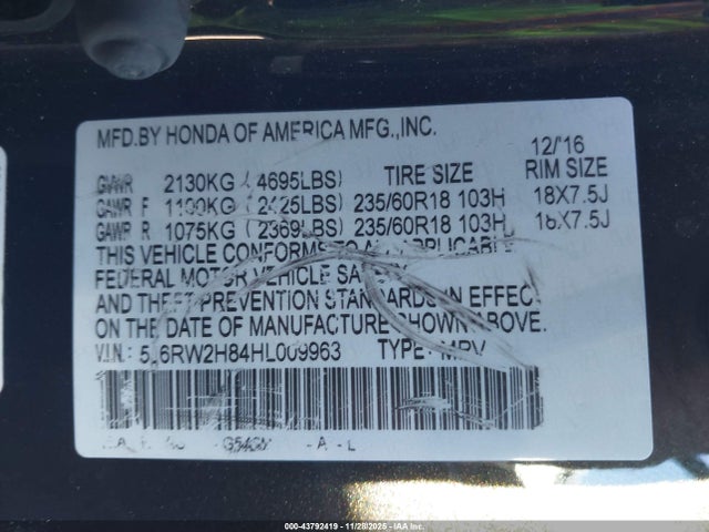 5J6RW2H84HL009963 Honda Cr-v Ex-l/ex-l Navi