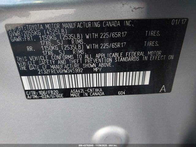 2T3ZFREV6HW345992 Toyota RAV4 LE