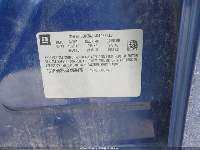 2013 Chevrolet Cruze Eco Auto მანქანა იყიდება აუქციონზე, vin: 1G1PH5SB3D7259476, აუქციონის ნომერი: 43792581
