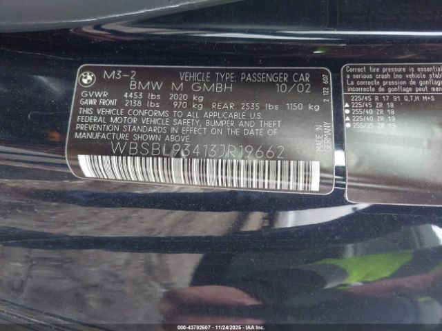 2003 BMW M3 WBSBL93413JR19662 Photo 8